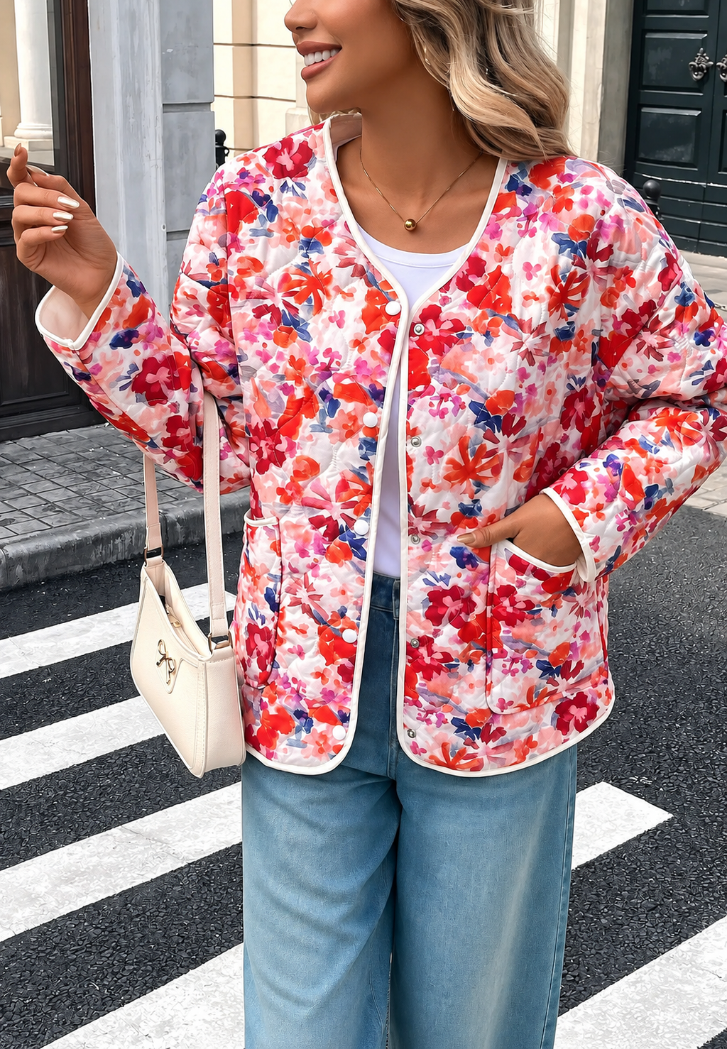 Chaqueta floral mujer acolchada bolsillos frontales ribetes - Renate