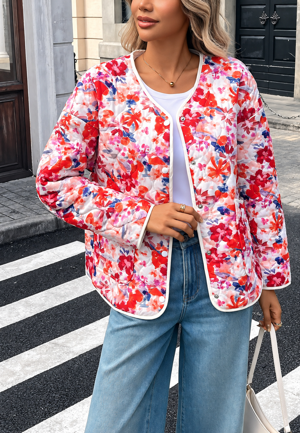 Chaqueta floral mujer acolchada bolsillos frontales ribetes - Renate