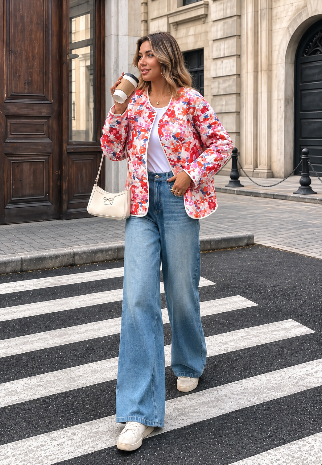 Chaqueta floral mujer acolchada bolsillos frontales ribetes - Renate