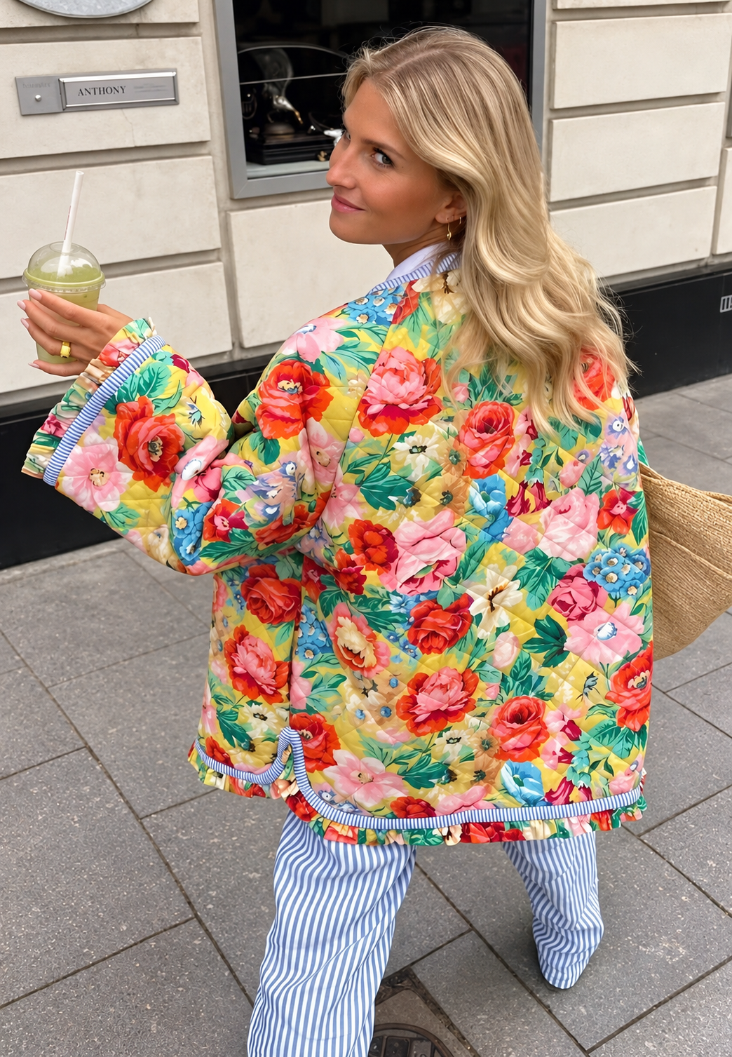 Chaqueta floral mujer corte evasé acolchado rombos volantes - Clotilde