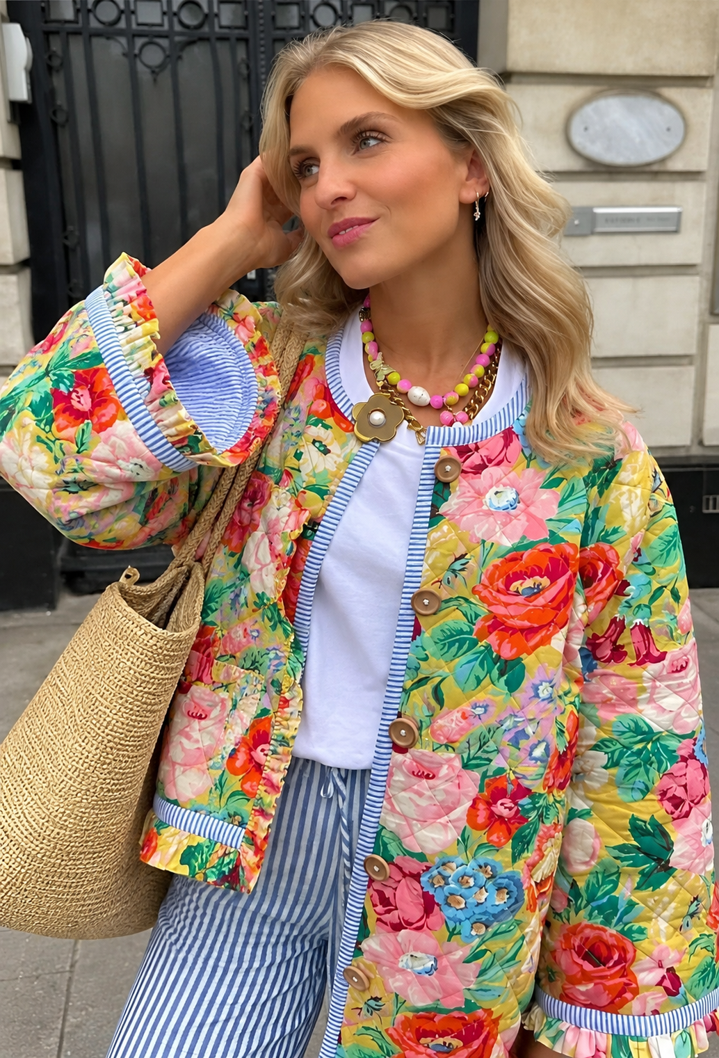 Chaqueta floral mujer corte evasé acolchado rombos volantes - Clotilde