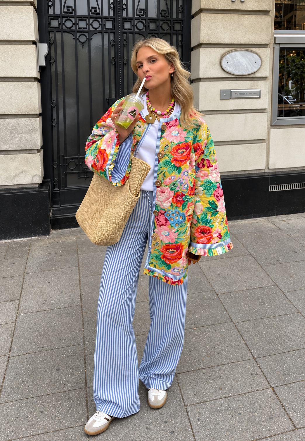 Chaqueta floral mujer corte evasé acolchado rombos volantes - Clotilde