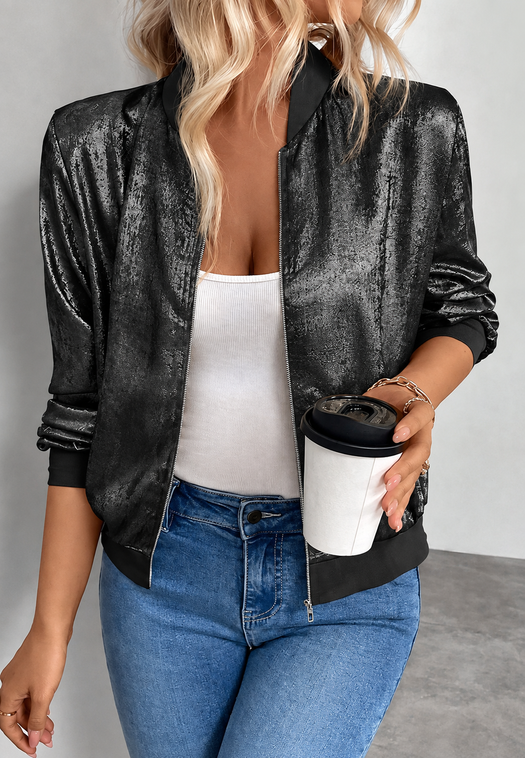 Chaqueta mujer bomber corta cremallera bajo elástico - Nalia