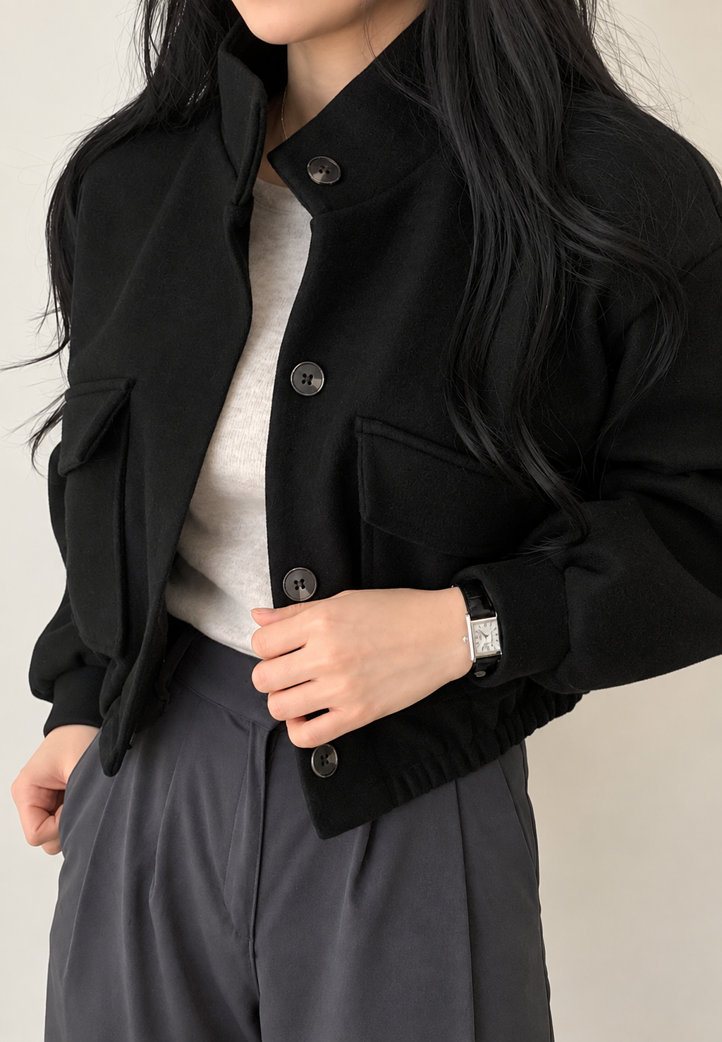 Chaqueta mujer corta cuello alto botones manga amplia - Aveline
