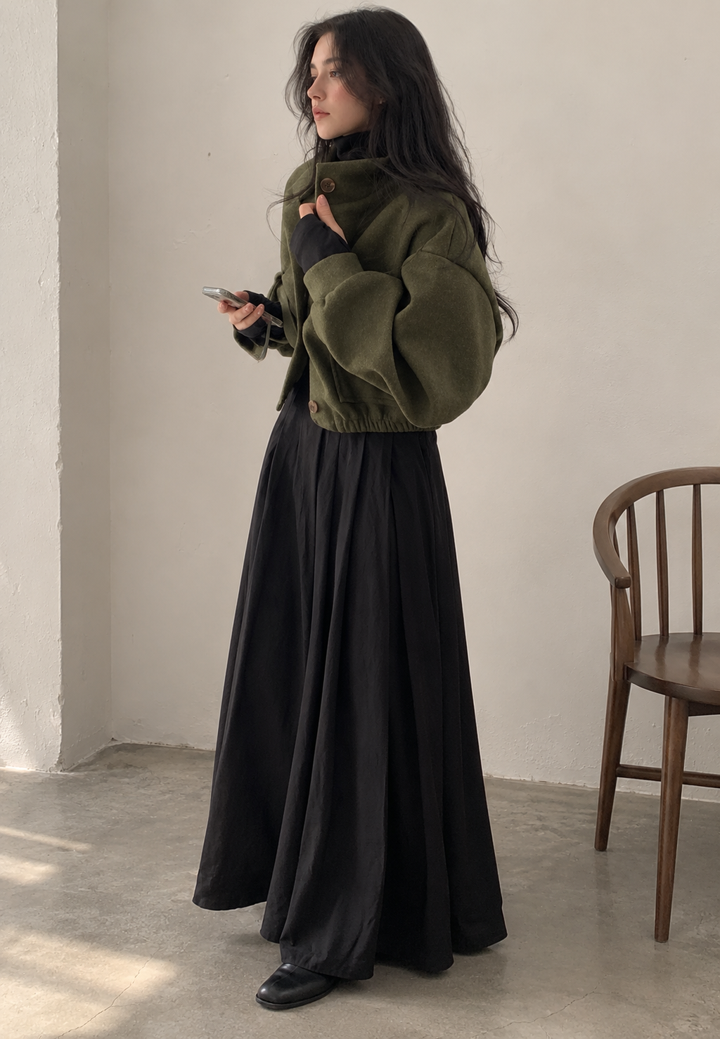 Chaqueta mujer corta cuello alto botones manga amplia - Aveline