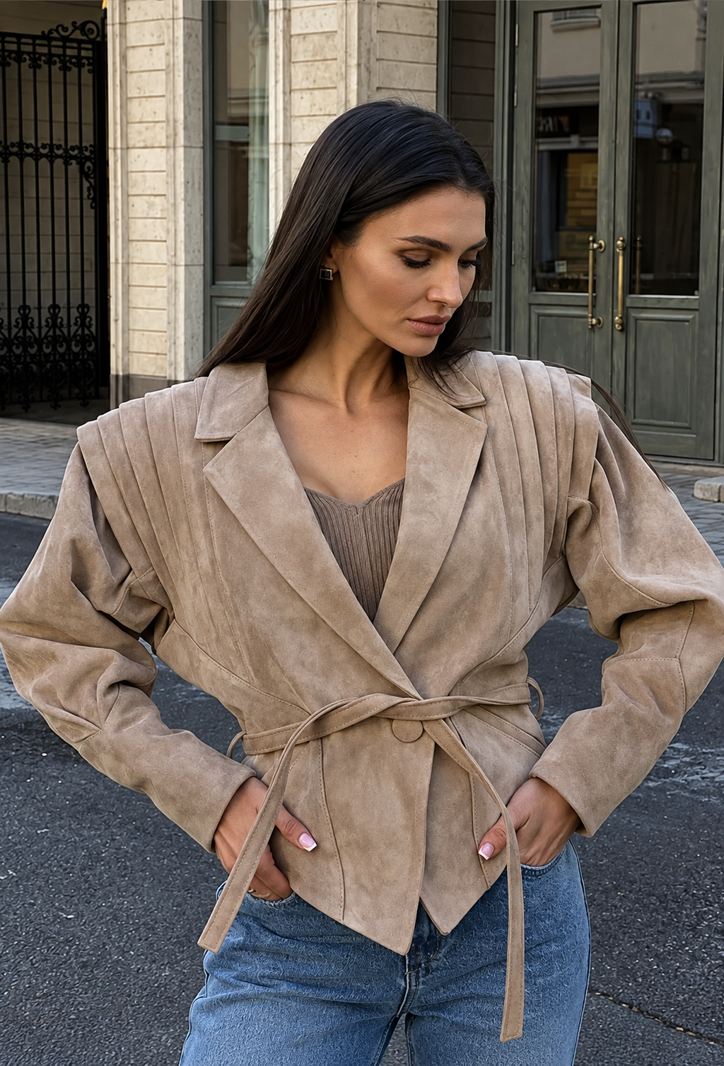 Chaqueta mujer efecto ante cinturón solapas amplias - Serena