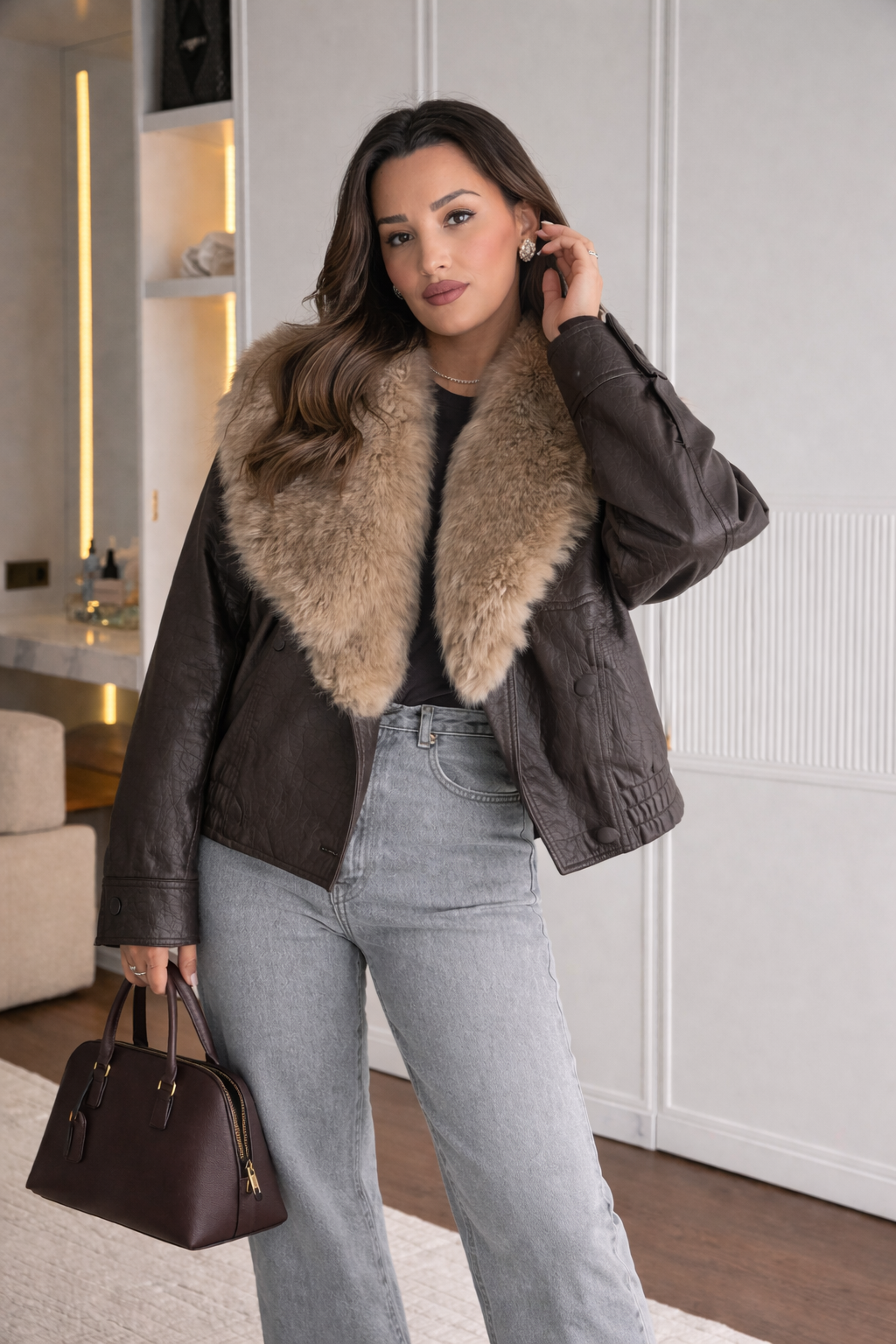 Chaqueta mujer efecto piel cuello amplio de pelo - Nymera
