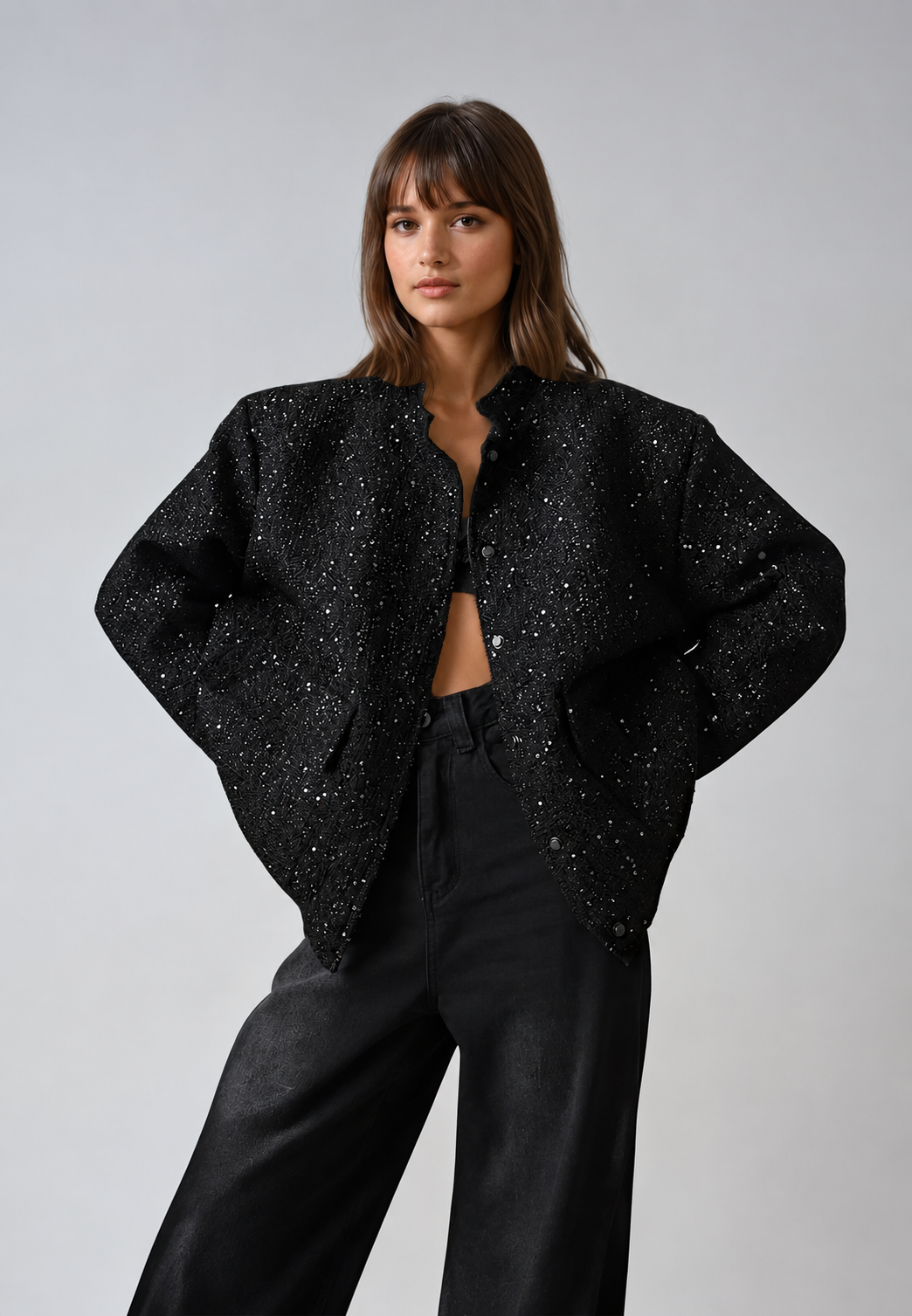 Chaqueta mujer efecto tweed lentejuelas cuello redondo - Mirelle