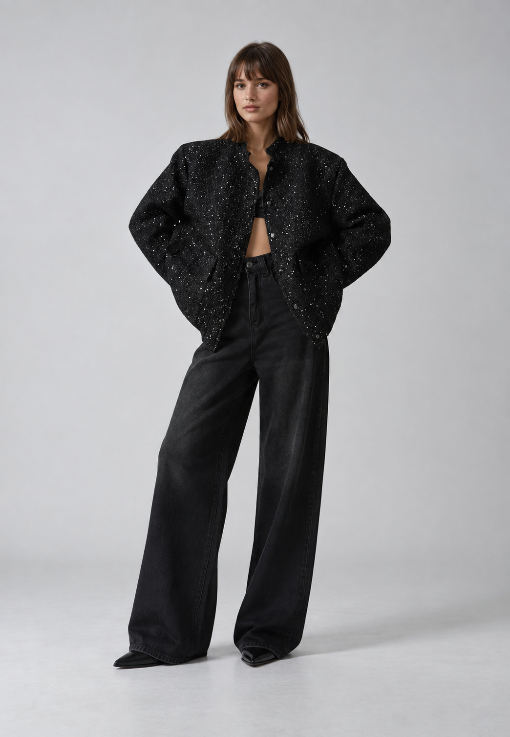 Chaqueta mujer efecto tweed lentejuelas cuello redondo - Mirelle