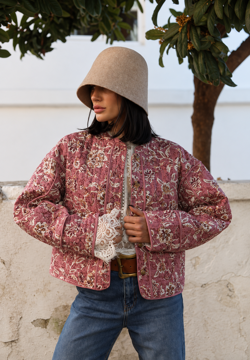Chaqueta mujer estampado floral acolchado rombos ribetes - Orsina