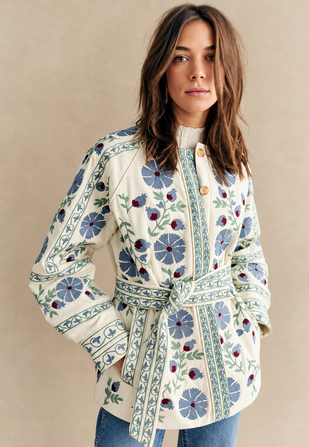 Chaqueta mujer floral cinturón ajustable manga larga - Jette