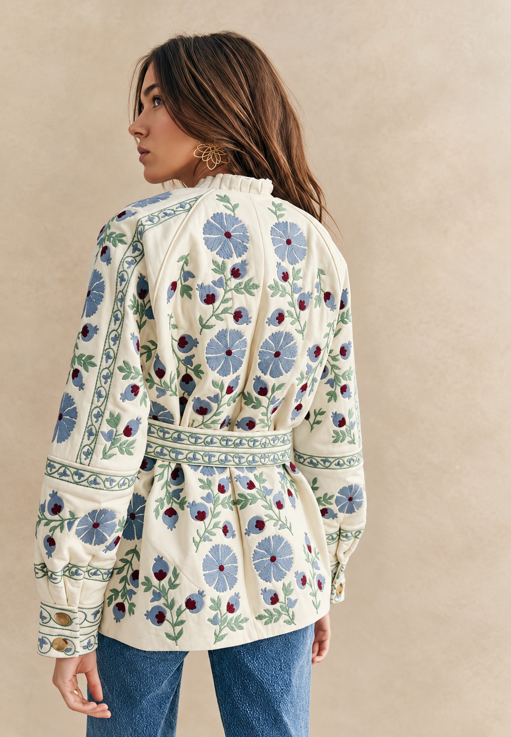 Chaqueta mujer floral cinturón ajustable manga larga - Jette