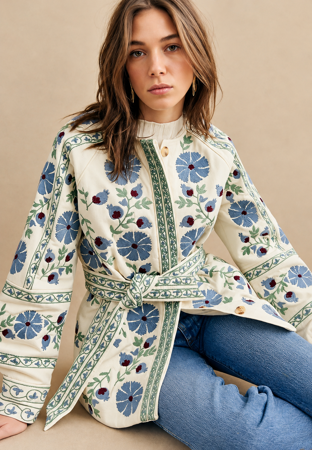 Chaqueta mujer floral cinturón ajustable manga larga - Jette