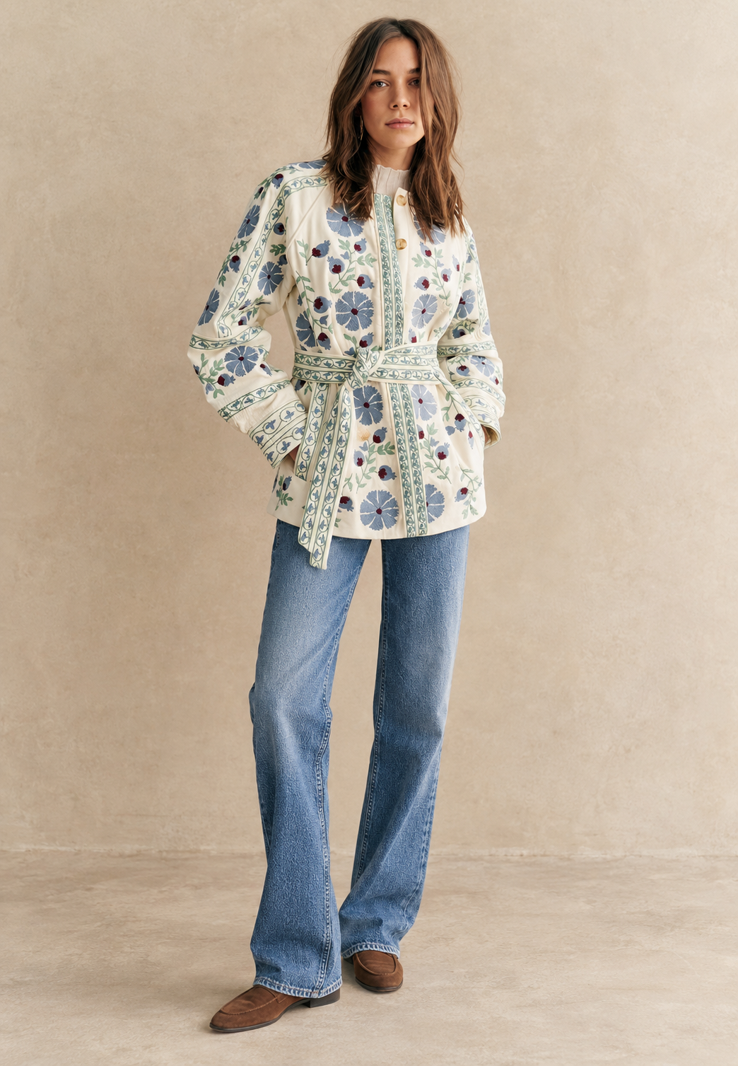 Chaqueta mujer floral cinturón ajustable manga larga - Jette