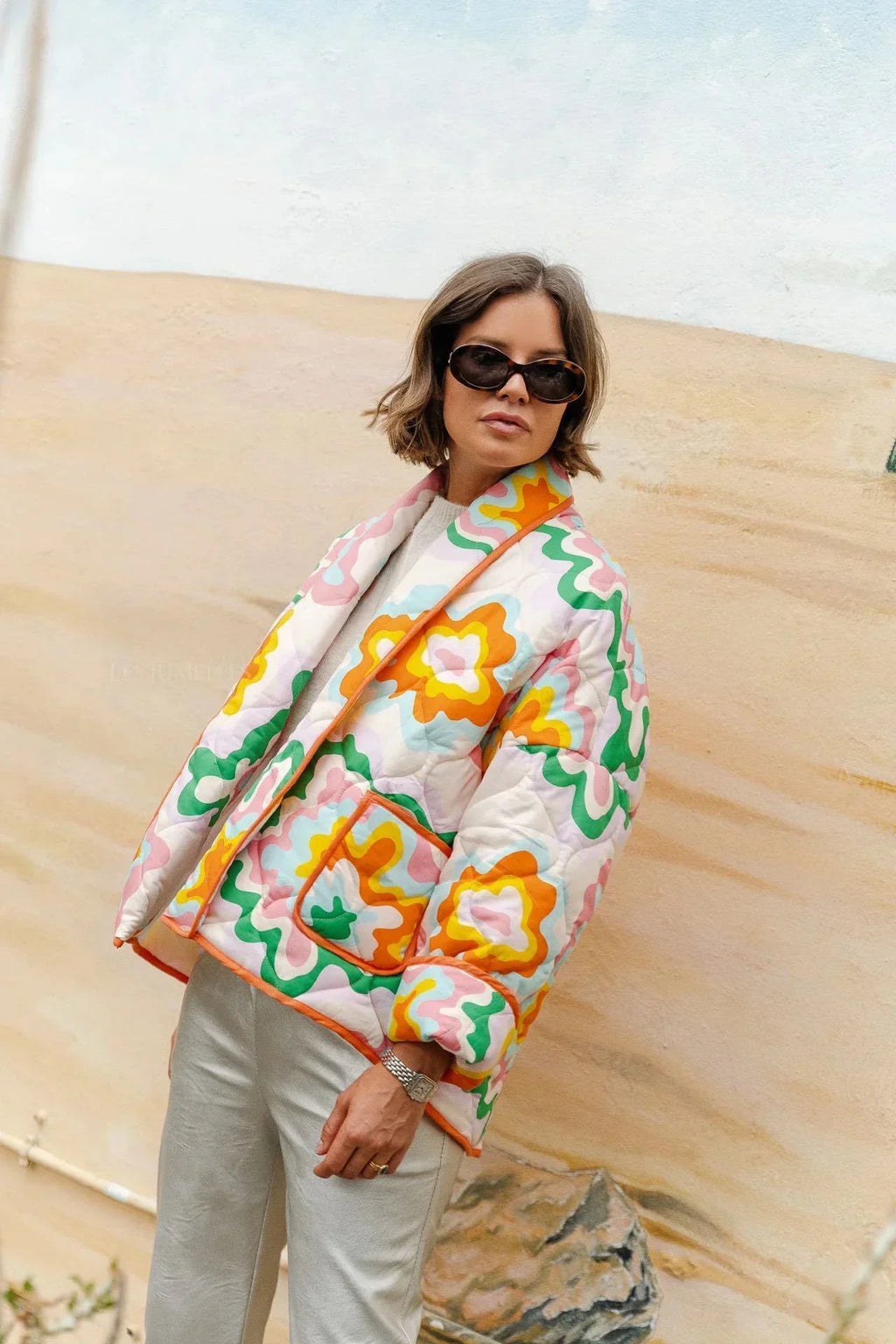 Chaqueta mujer flores grandes acolchado de rombos estilo boho - Mirthe