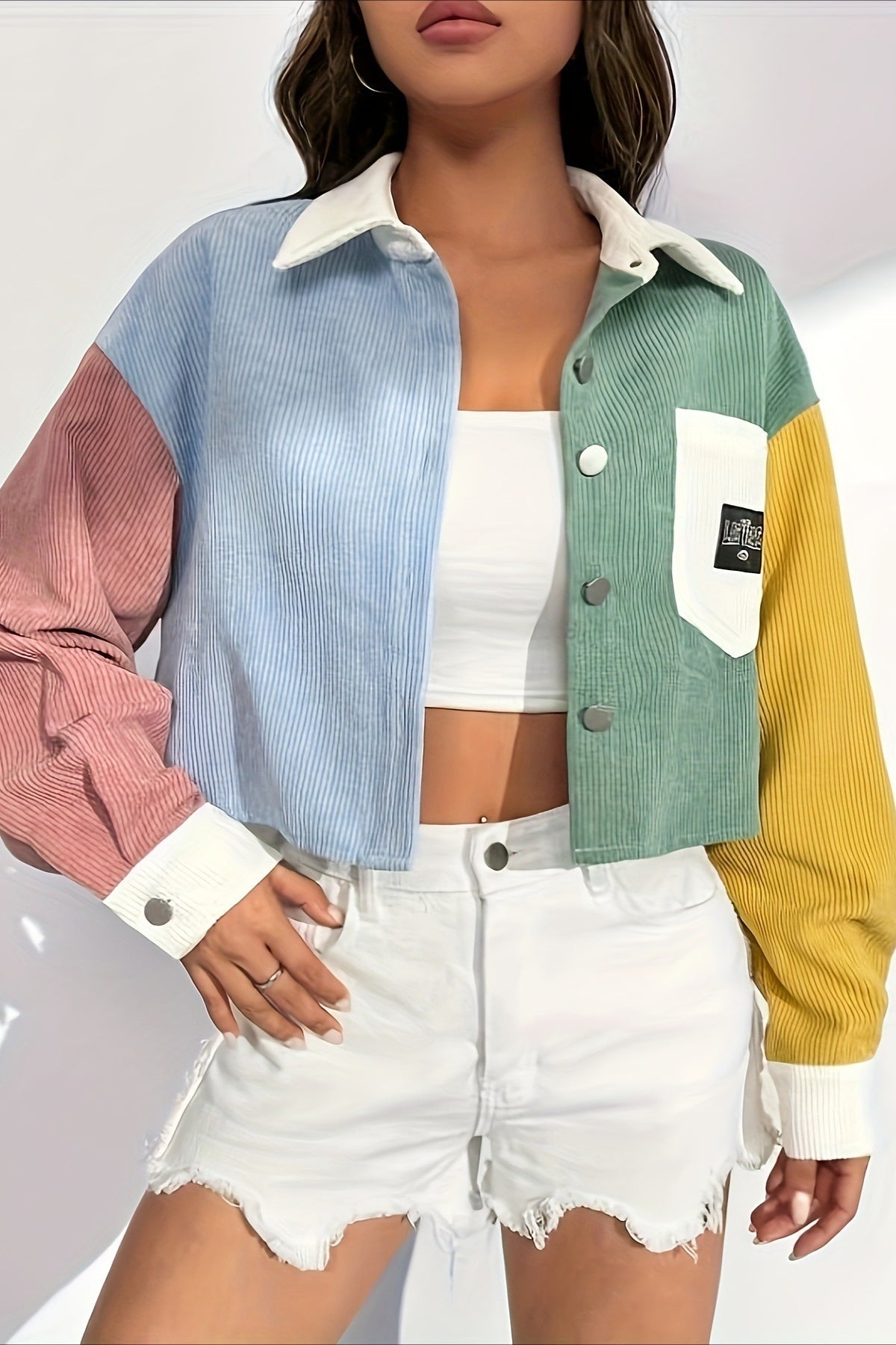 Chaqueta pana mujer bloques color cuello contraste bolsillo parche - Uma