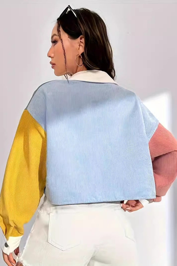 Chaqueta pana mujer bloques color cuello contraste bolsillo parche - Uma