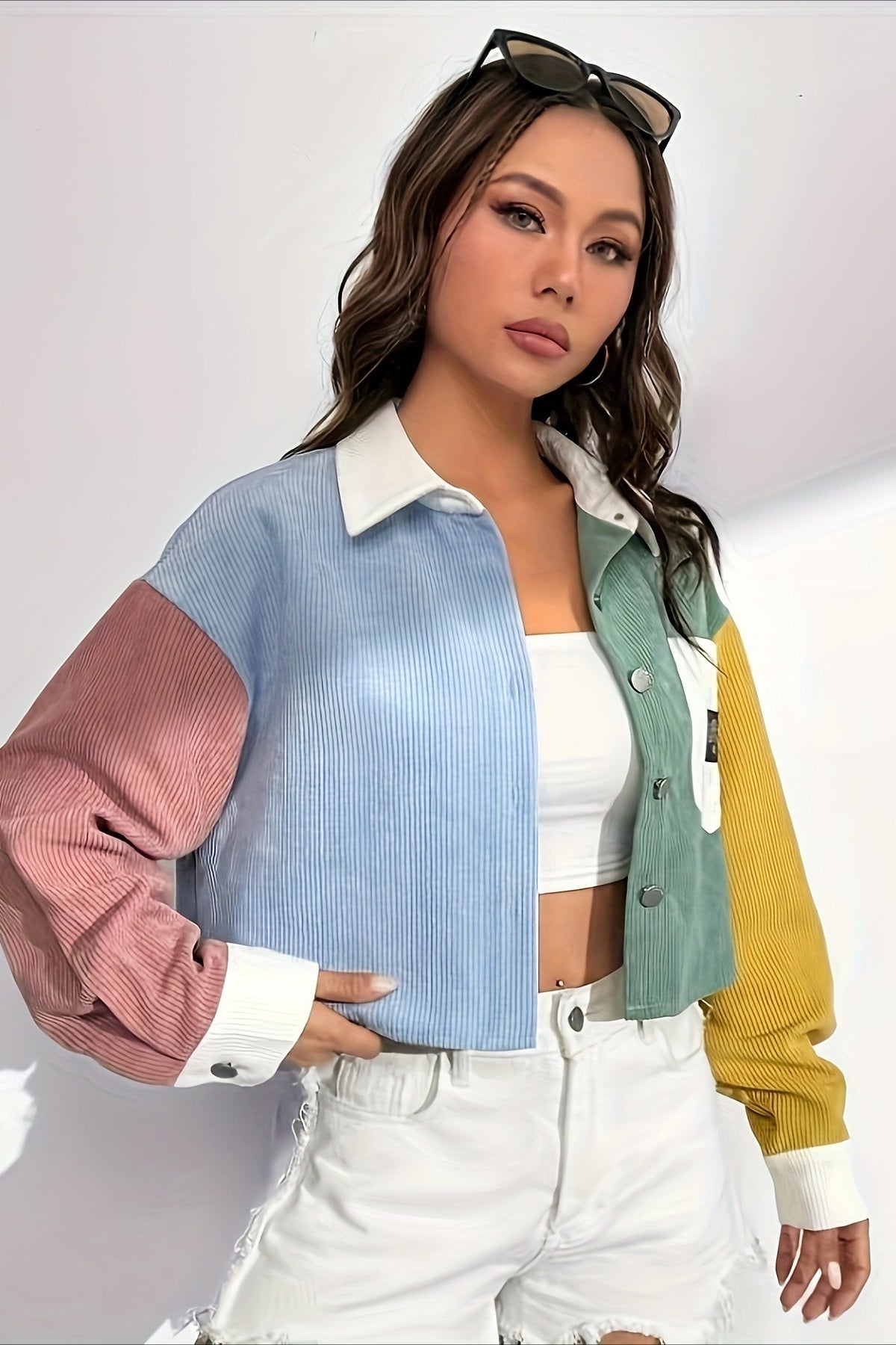 Chaqueta pana mujer bloques color cuello contraste bolsillo parche - Uma