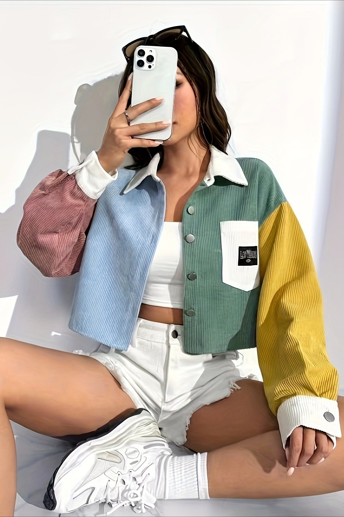 Chaqueta pana mujer bloques color cuello contraste bolsillo parche - Uma
