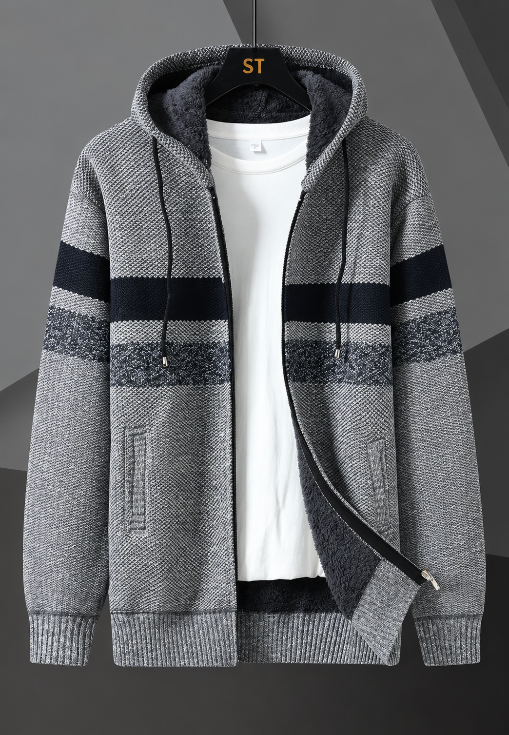 Chaqueta punto hombre capucha ajustable rayas horizontales forro afelpado - Rovian