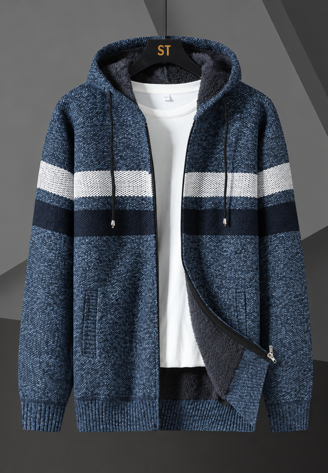 Chaqueta punto hombre capucha ajustable rayas horizontales forro afelpado - Rovian