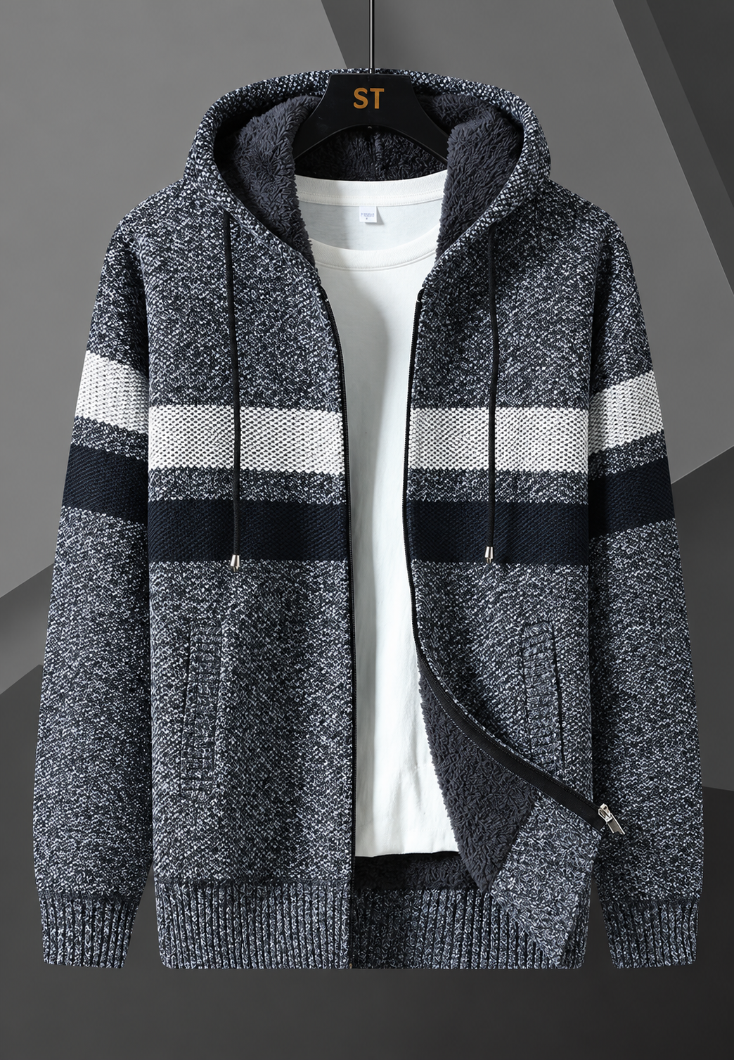 Chaqueta punto hombre capucha ajustable rayas horizontales forro afelpado - Rovian