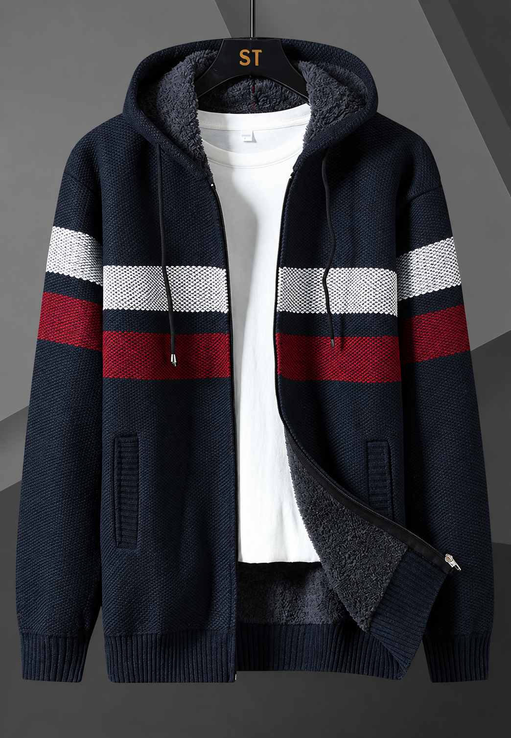 Chaqueta punto hombre capucha ajustable rayas horizontales forro afelpado - Rovian