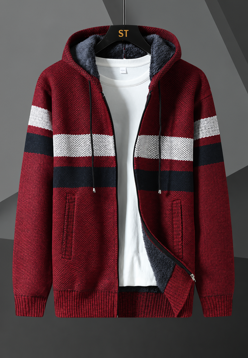 Chaqueta punto hombre capucha ajustable rayas horizontales forro afelpado - Rovian