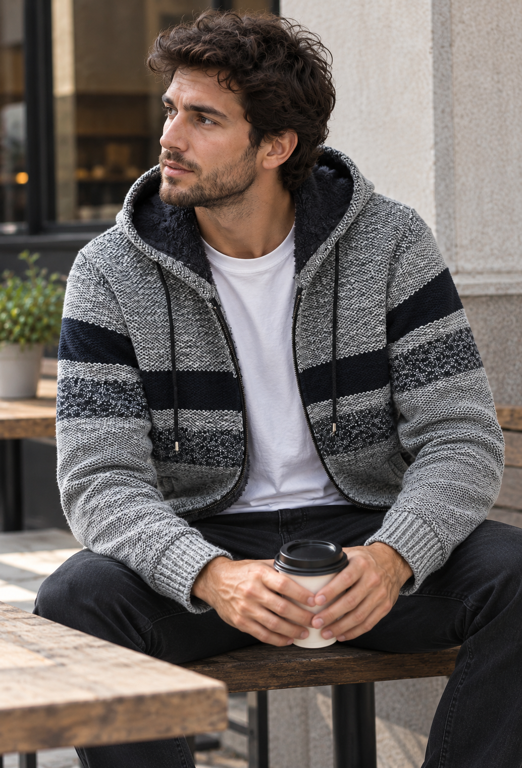 Chaqueta punto hombre capucha ajustable rayas horizontales forro afelpado - Rovian