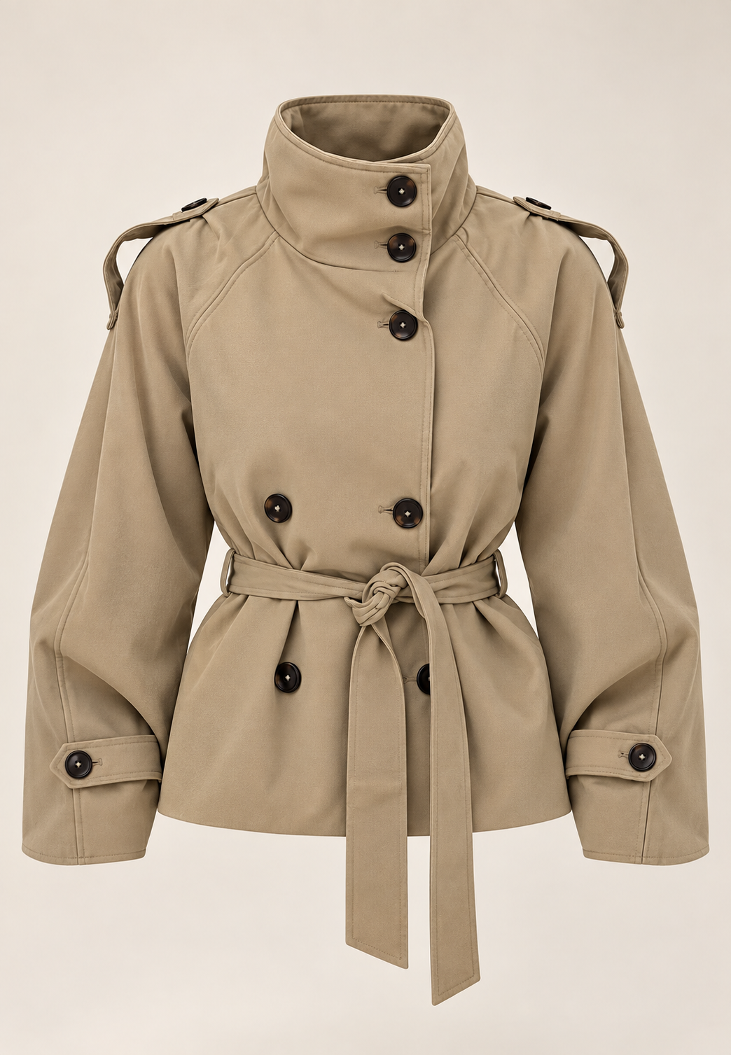 Chaqueta trench mujer crop cuello alto doble botonadura cinturón - Nora