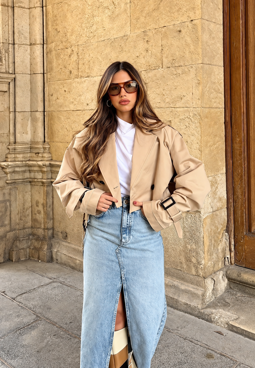 Chaqueta trench mujer crop doble botonadura cinturón - Cala