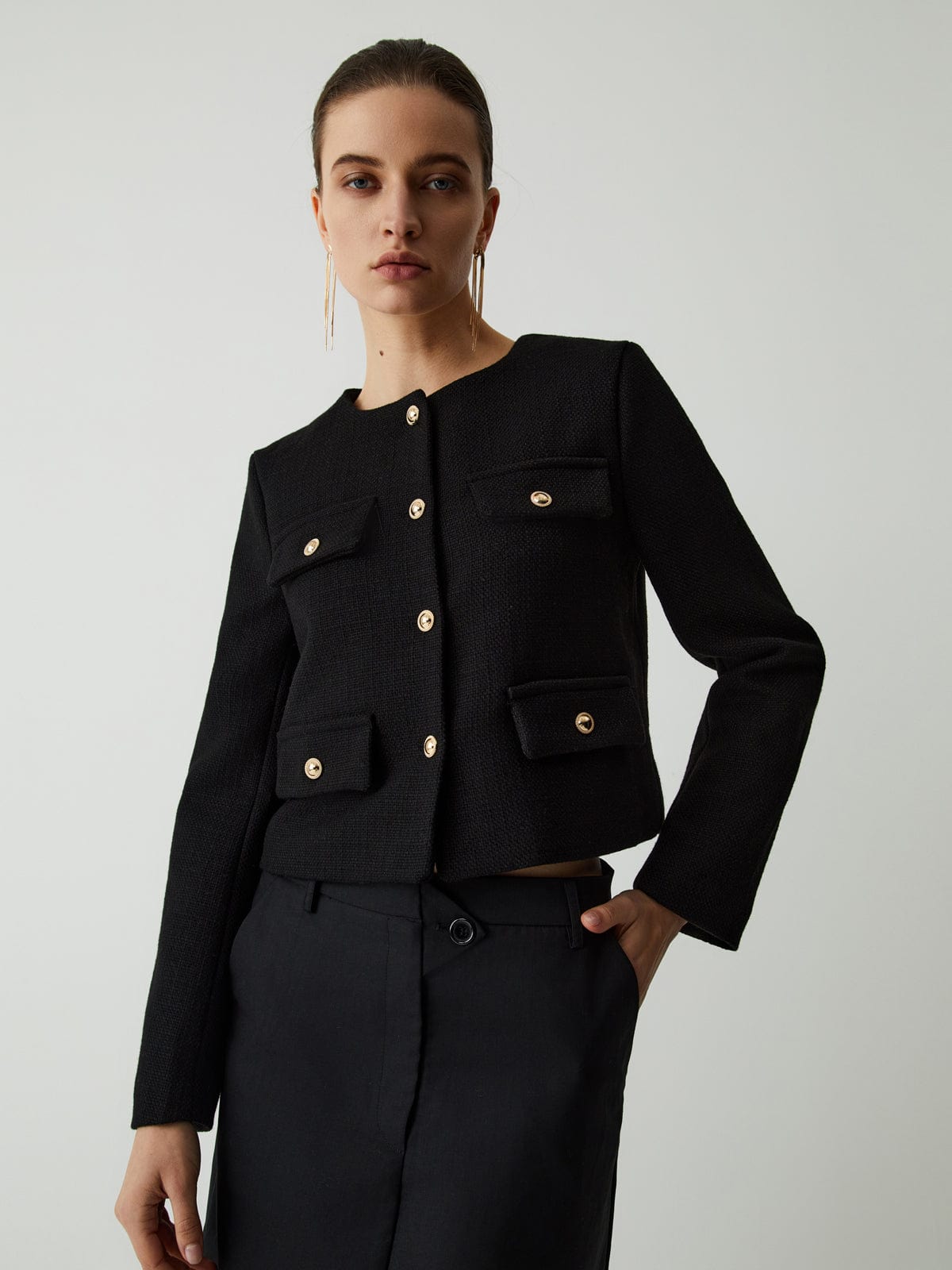 Chaqueta tweed mujer corta botones dorados cuello redondo - Miriam
