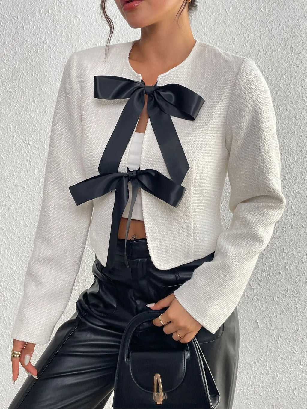 Chaqueta tweed mujer corta lazos satinados - Silke