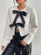 Chaqueta tweed mujer corta lazos satinados - Silke