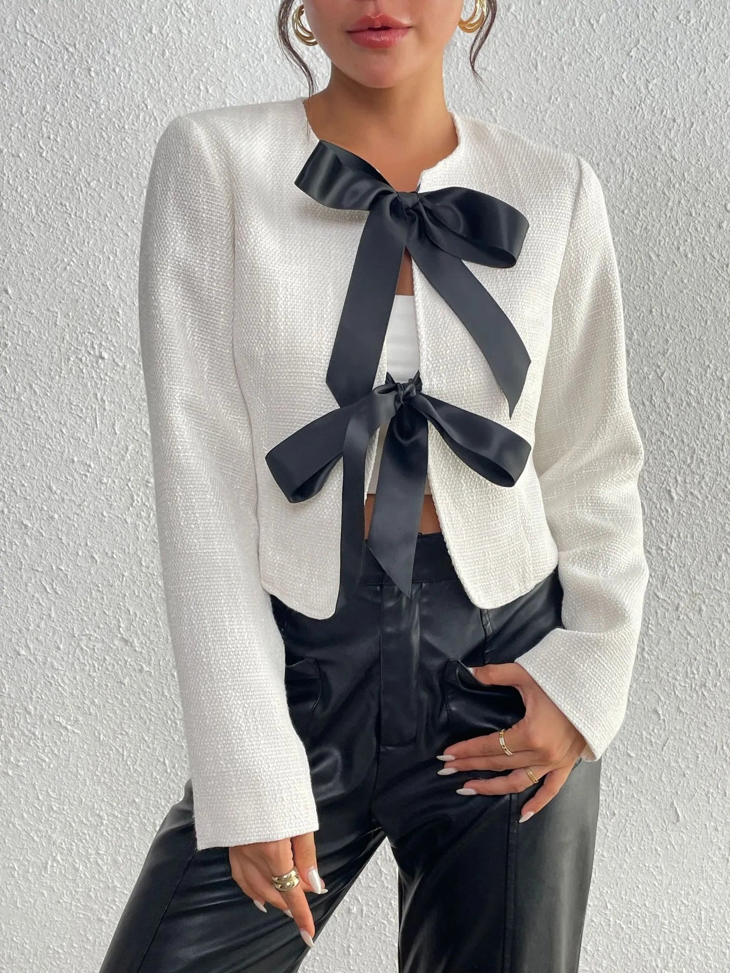 Chaqueta tweed mujer corta lazos satinados - Silke