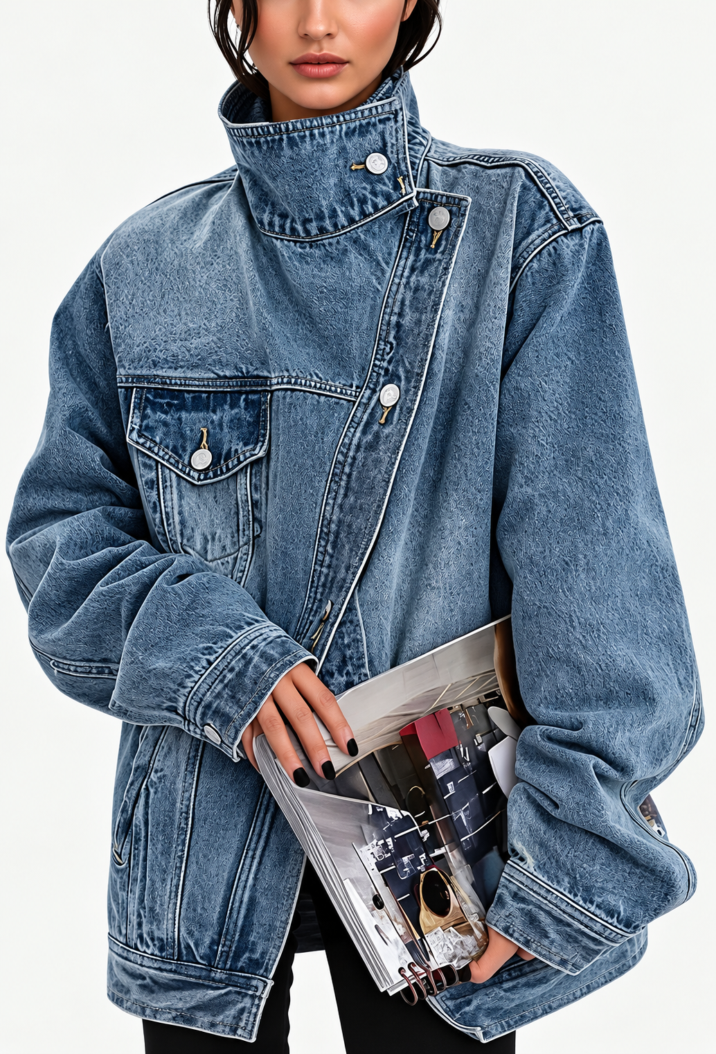 Chaqueta vaquera denim mujer cuello alto botones laterales - Maura