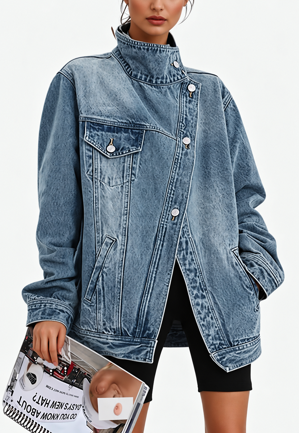 Chaqueta vaquera denim mujer cuello alto botones laterales - Maura
