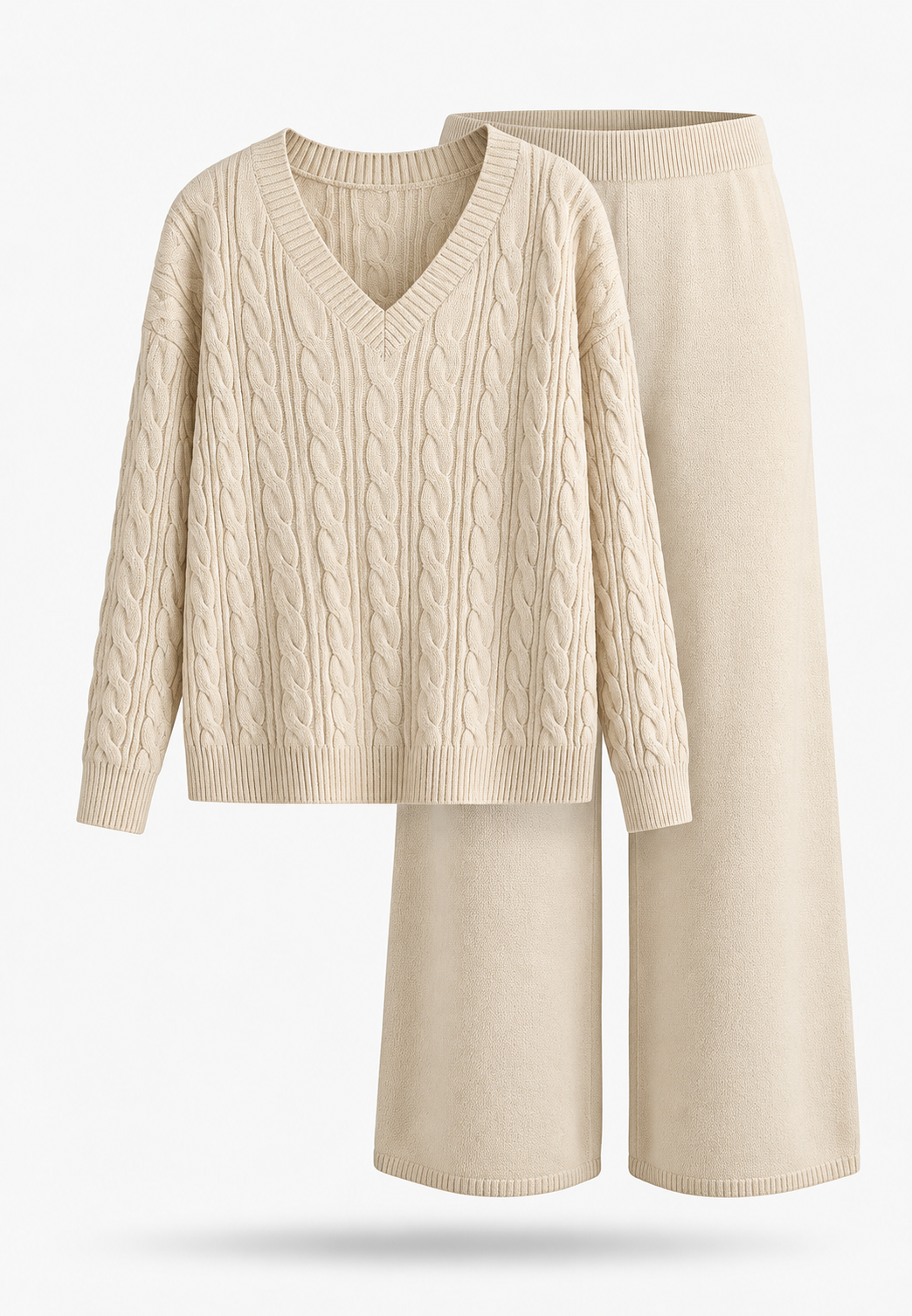 Conjunto mujer punto trenzado jersey escote pico pantalón ancho - Nélida