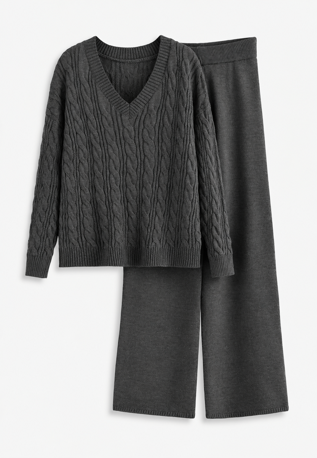 Conjunto mujer punto trenzado jersey escote pico pantalón ancho - Nélida