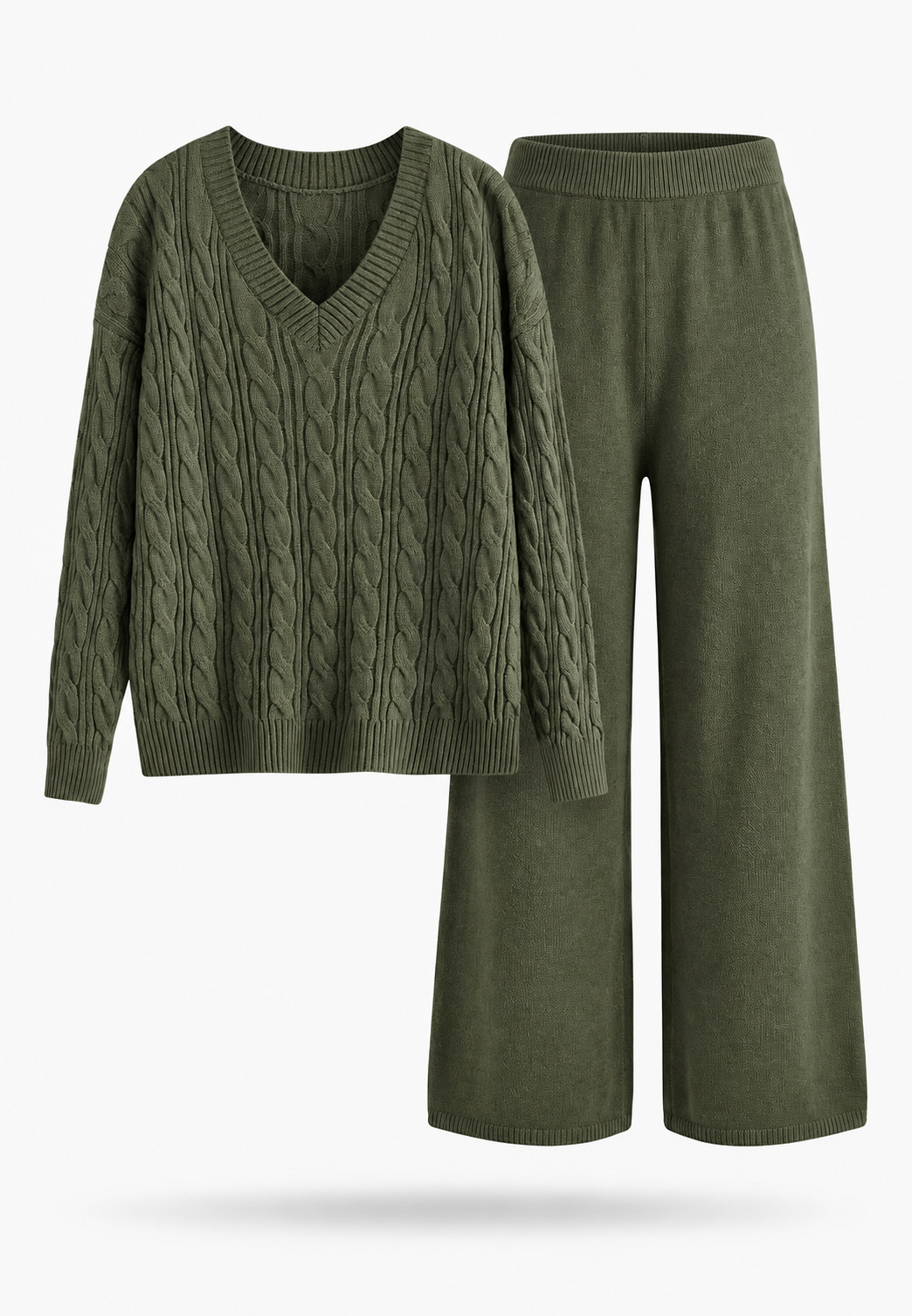 Conjunto mujer punto trenzado jersey escote pico pantalón ancho - Nélida
