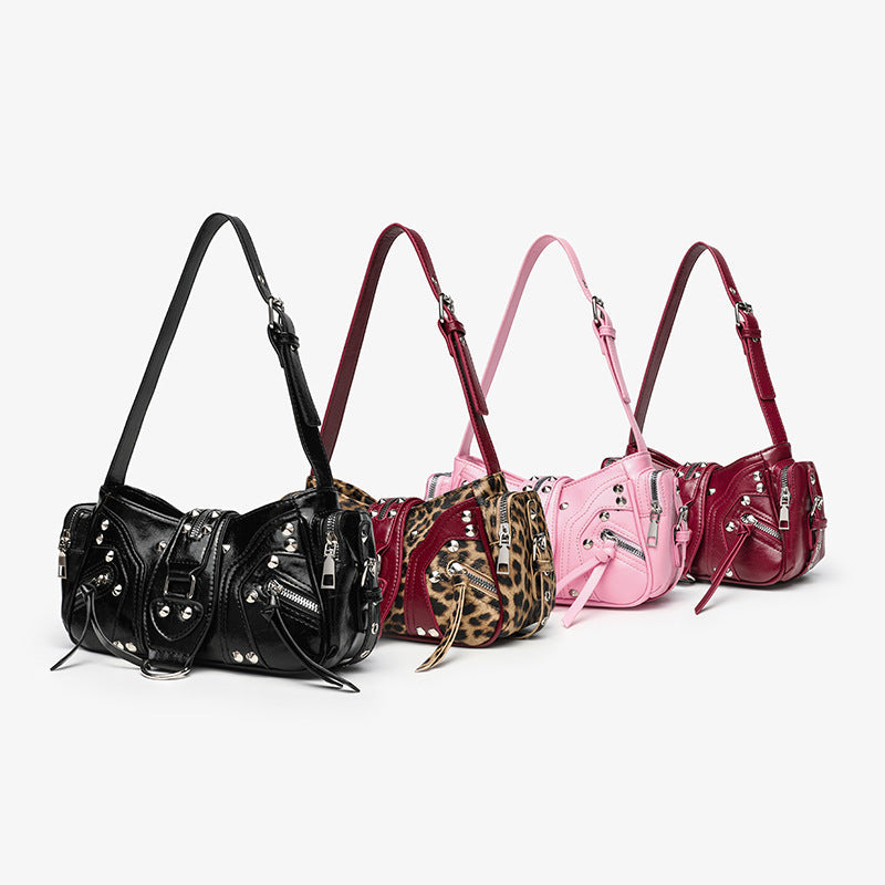Bolso de hombro con tachuelas metálicas y bolsillos con cremallera para mujer