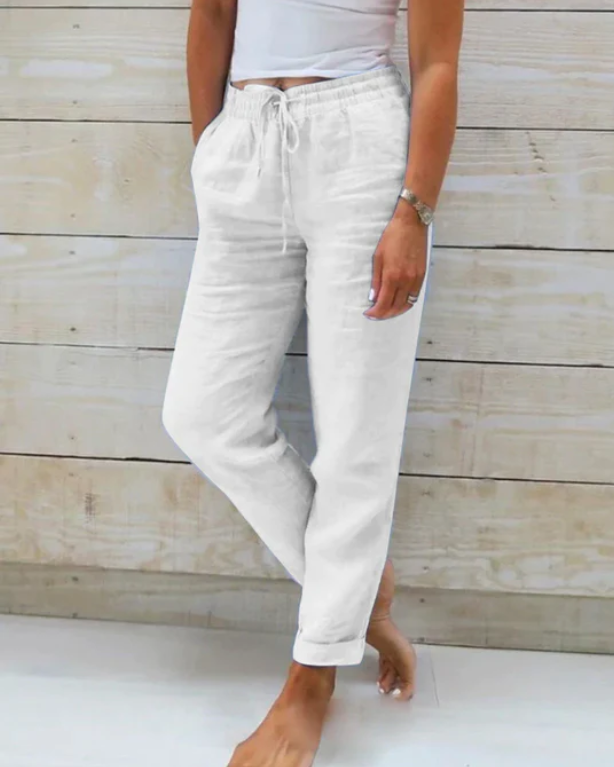 Pantalón de lino con cintura elástica y cordón para mujer - Helga