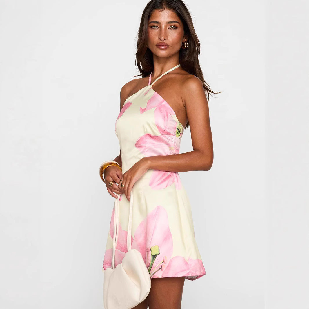 Vestido corto estampado floral con escote halter para mujer - Martina
