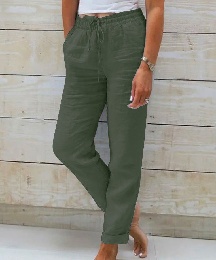 Pantalón de lino con cintura elástica y cordón para mujer - Helga