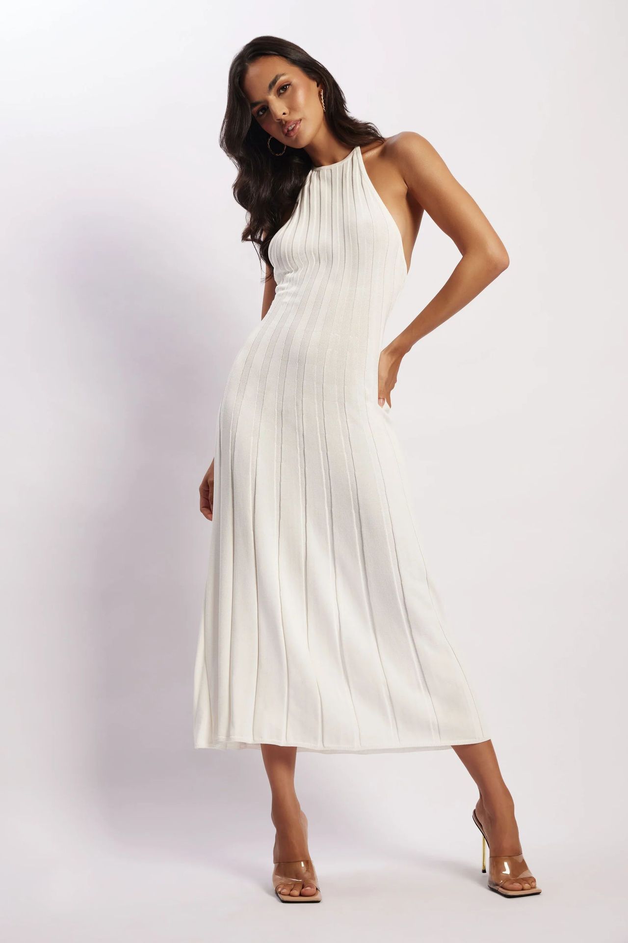 Vestido midi tejido plisado con cuello halter para mujer - Dalila