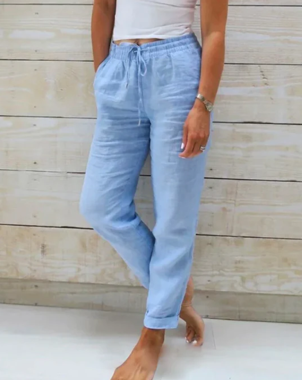 Pantalón de lino con cintura elástica y cordón para mujer - Helga