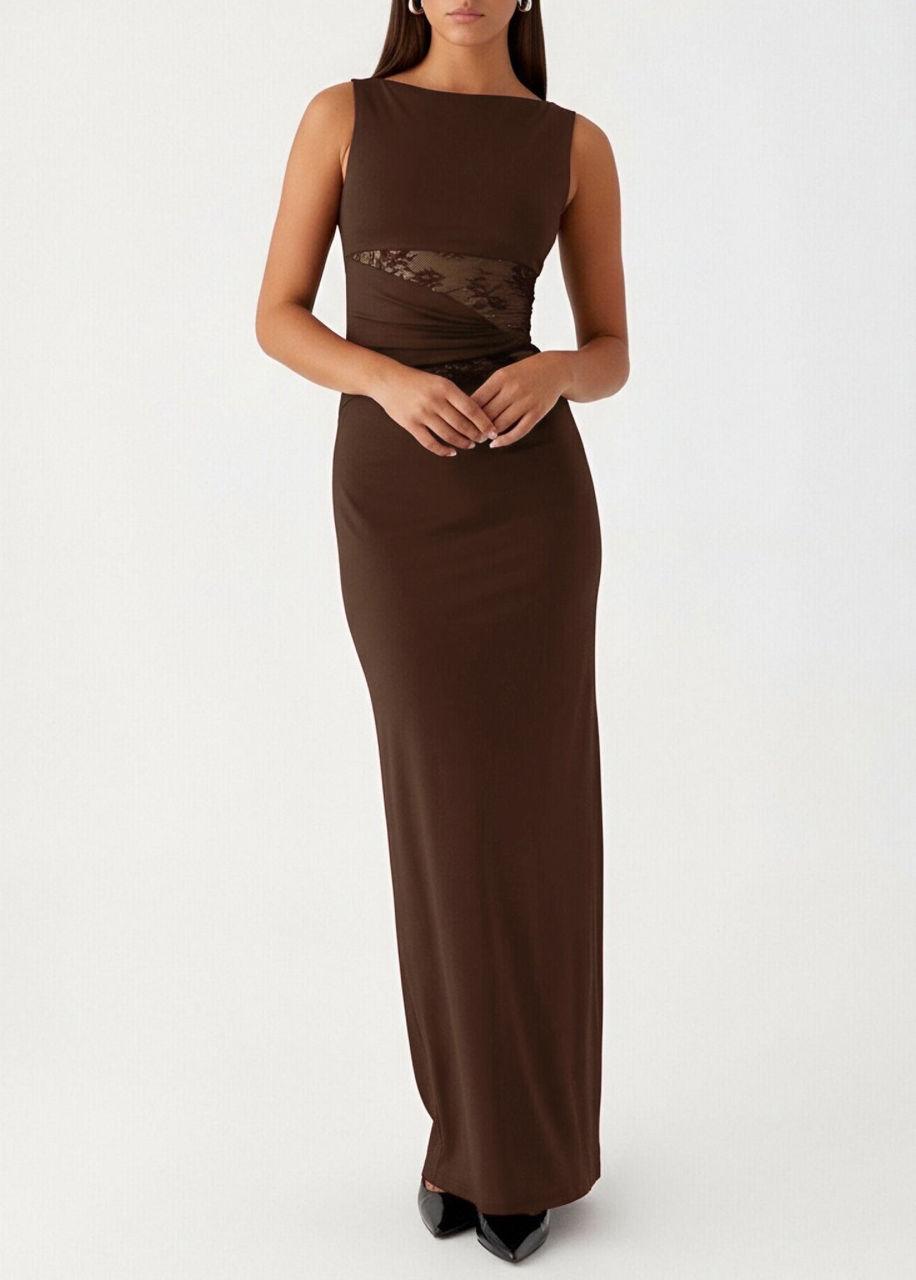 Vestido largo ajustado con detalle de encaje y drapeado lateral para mujer - Elara