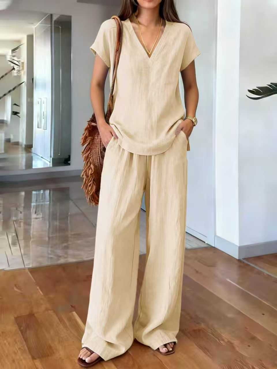 Conjunto de lino de dos piezas cuello V casual para mujer - Klarisa