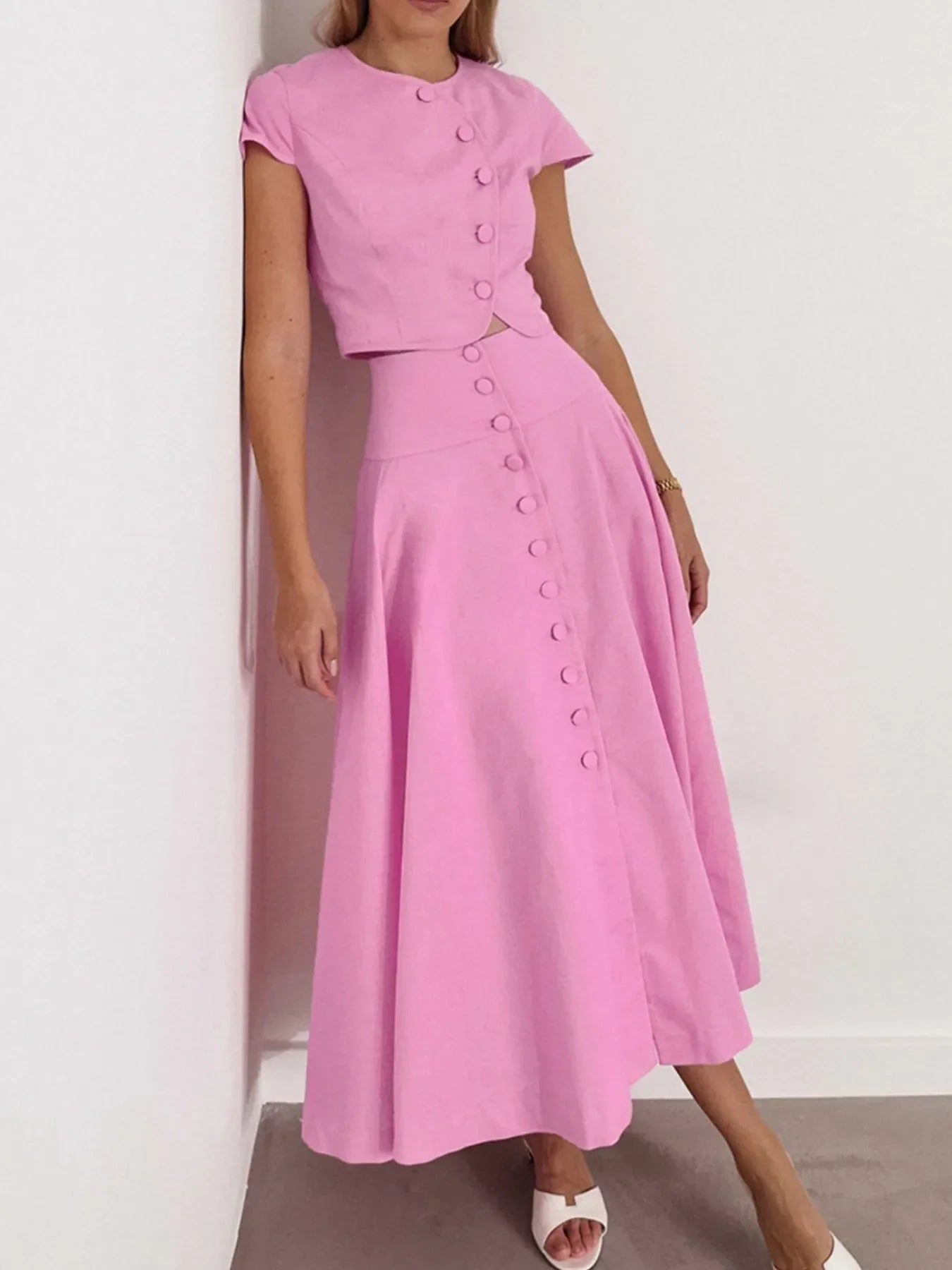 Conjunto mujer top manga corta y falda larga con botones -Sala