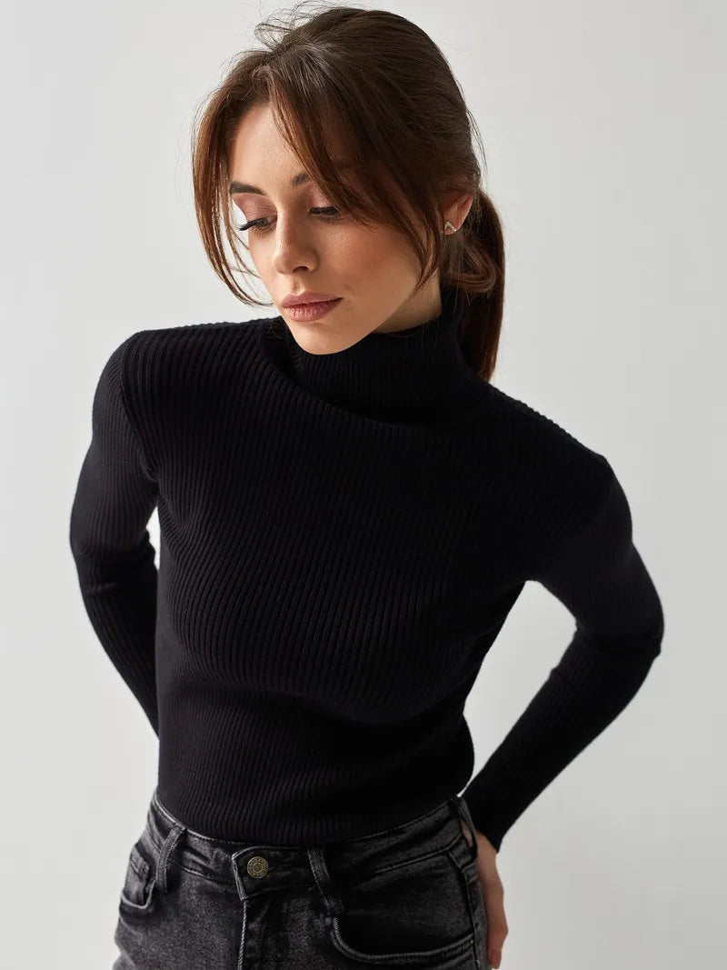 Jersey mujer cuello vuelto punto canalé ajustado - Nélida